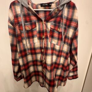 Doe & Rae Red Plaid Button-Up Hoodie